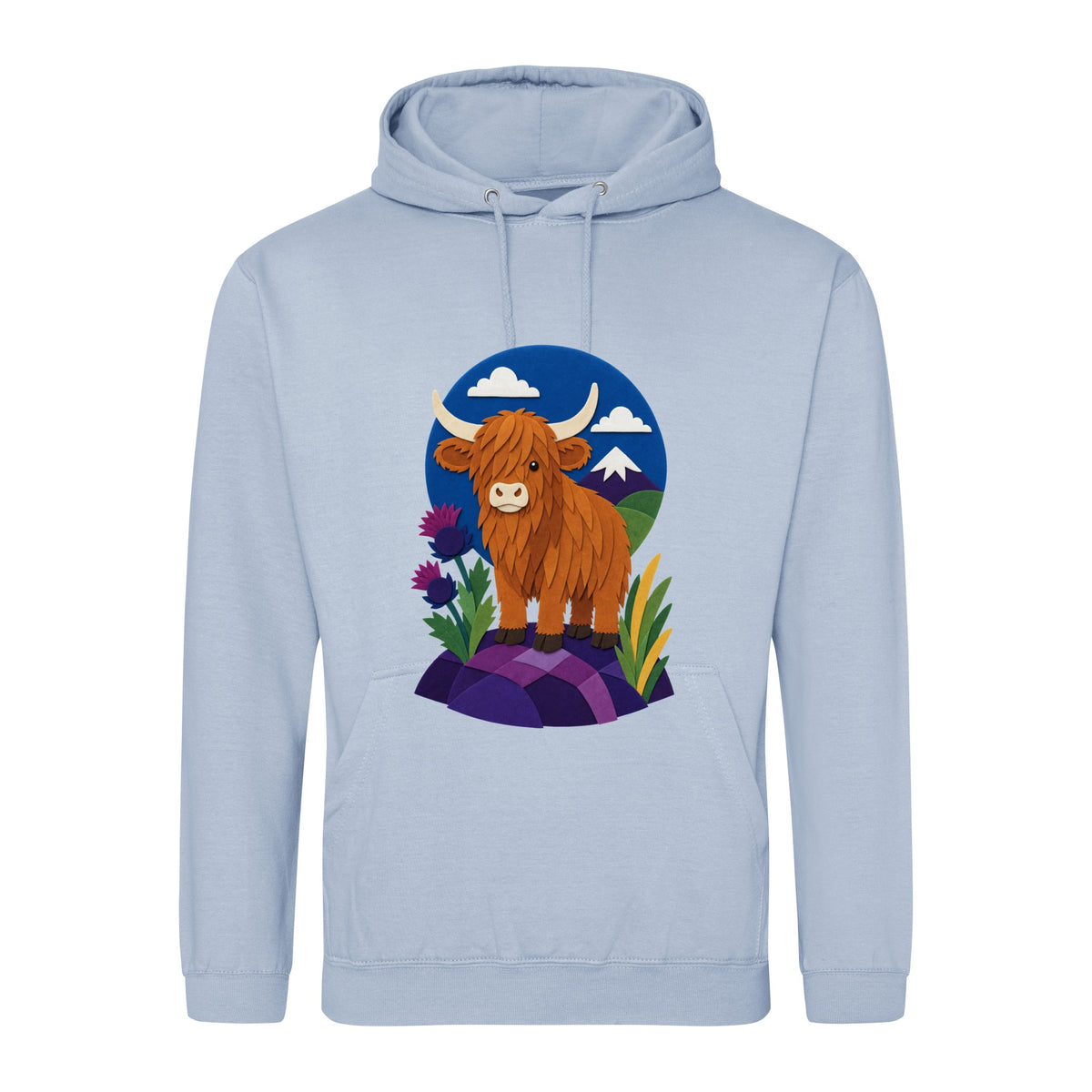 Highland Cow Among the Thistles Adult Hoodie - Felt & Fauna Sky Blue colour variant image
