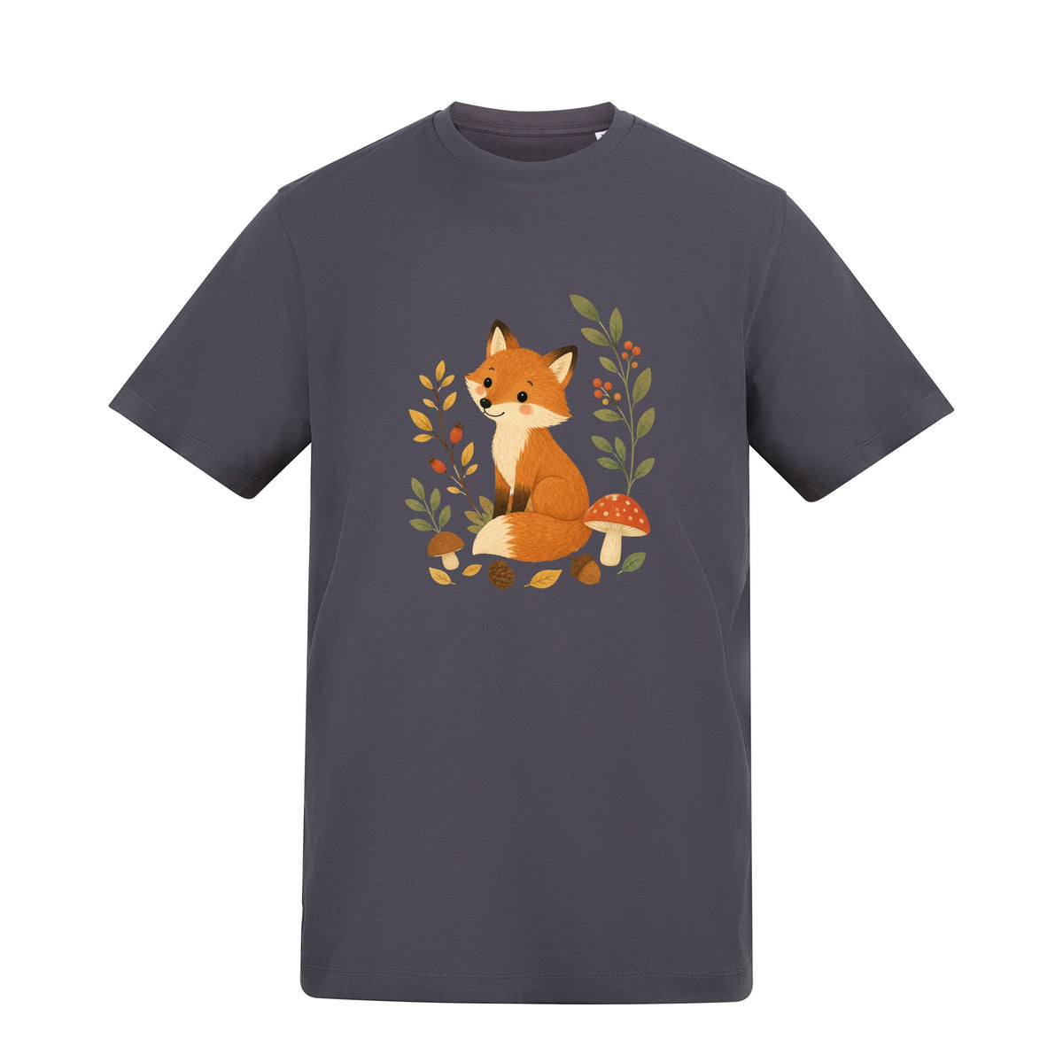 Fox Among the Toadstools Adult Unisex T-shirt - Once Upon a Woodland Solid Charcoal colour variant image