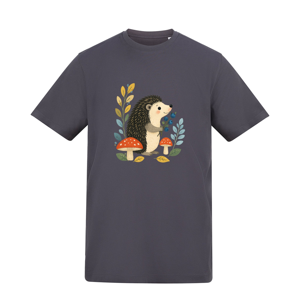 Hedgehog's Berry Harvest Adult Unisex T-shirt - Once Upon a Woodland Solid Charcoal colour variant image