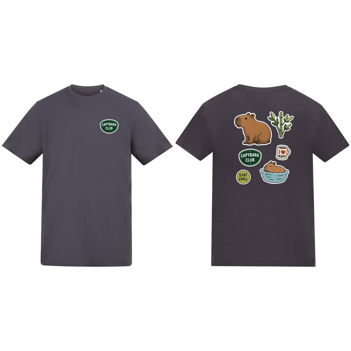 Capybara Chill Club Adult Unisex T-shirt - Badges of the Wild Solid Charcoal colour variant image