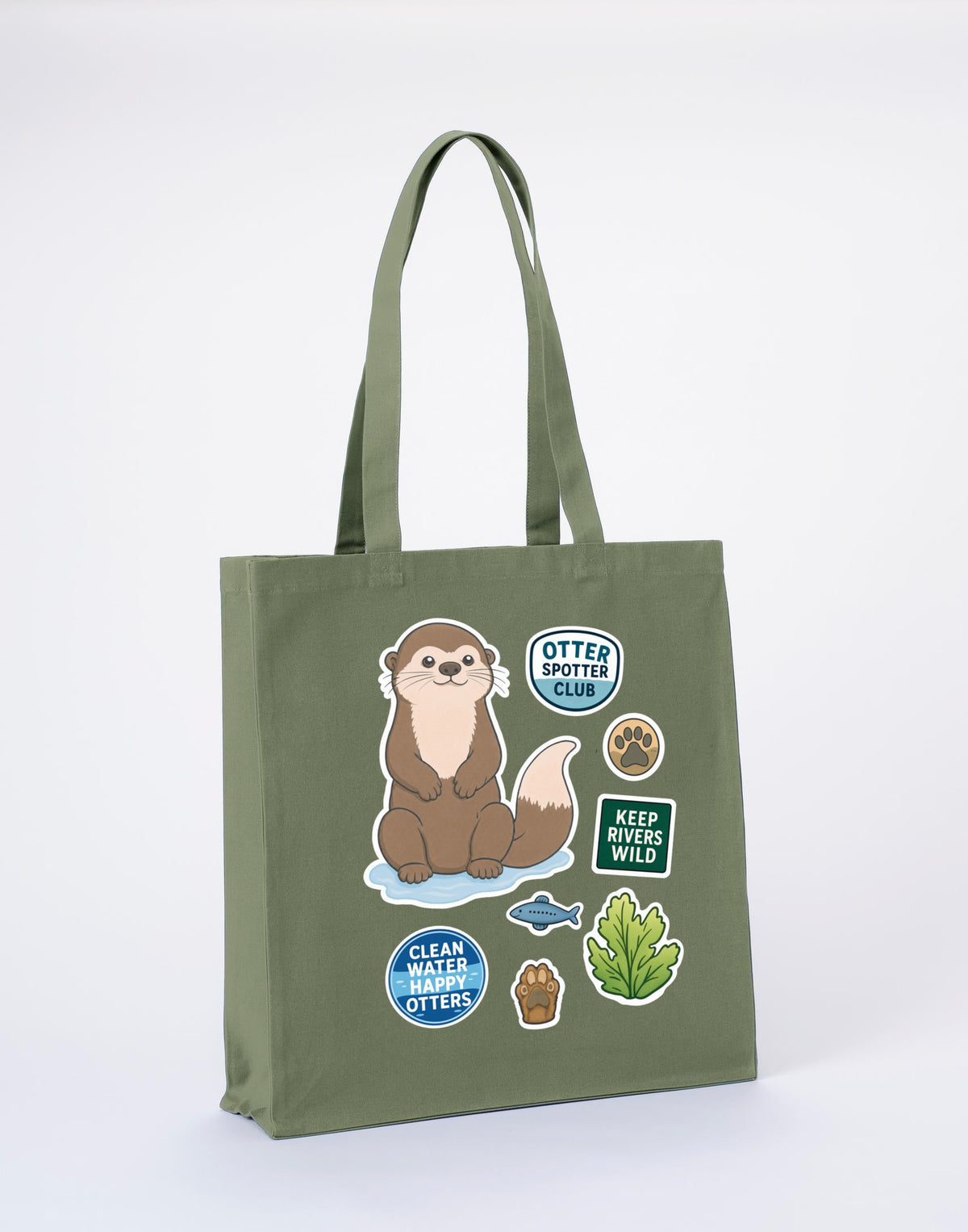 Otter Spotter Club Recycled Cotton Shopper Bag - Badges of the Wild Sage Leaf colour variant image