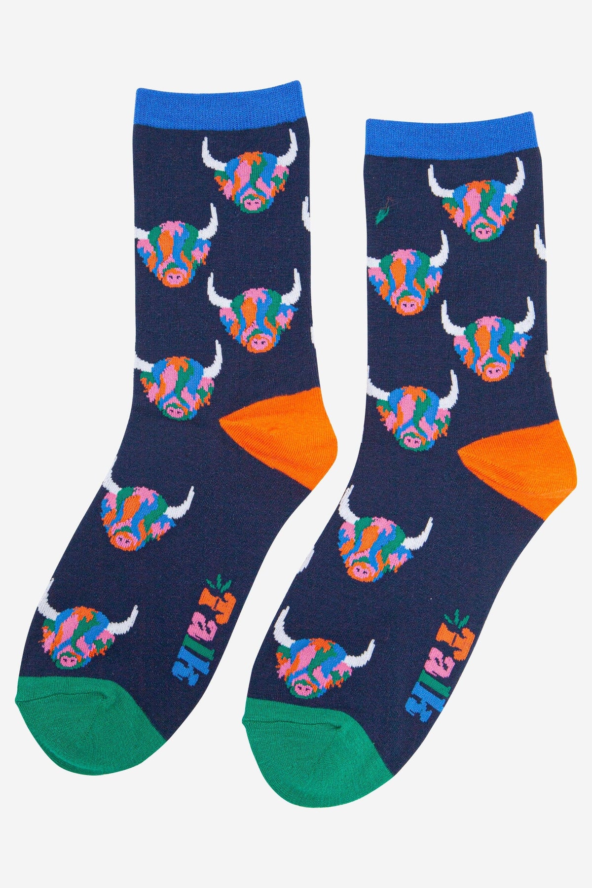 Rainbow Highland Cow Bamboo Socks from Sock Talk