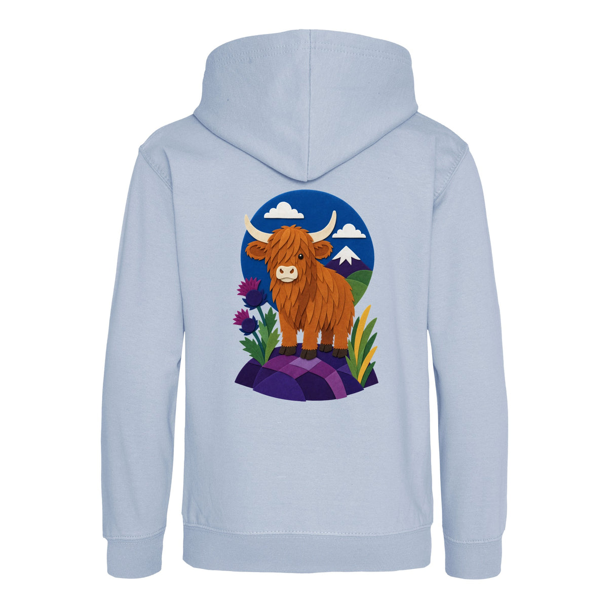 Highland Cow Among the Thistles Kids' Hoodie - Felt & Fauna Sky Blue colour variant image