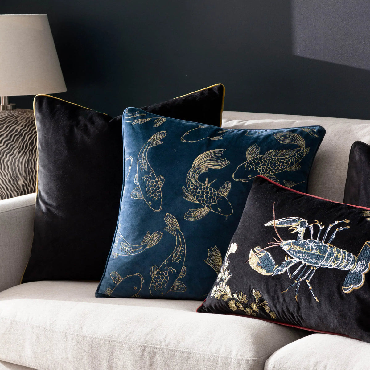 Koi Pond Embroidered Velvet Cushion Navy