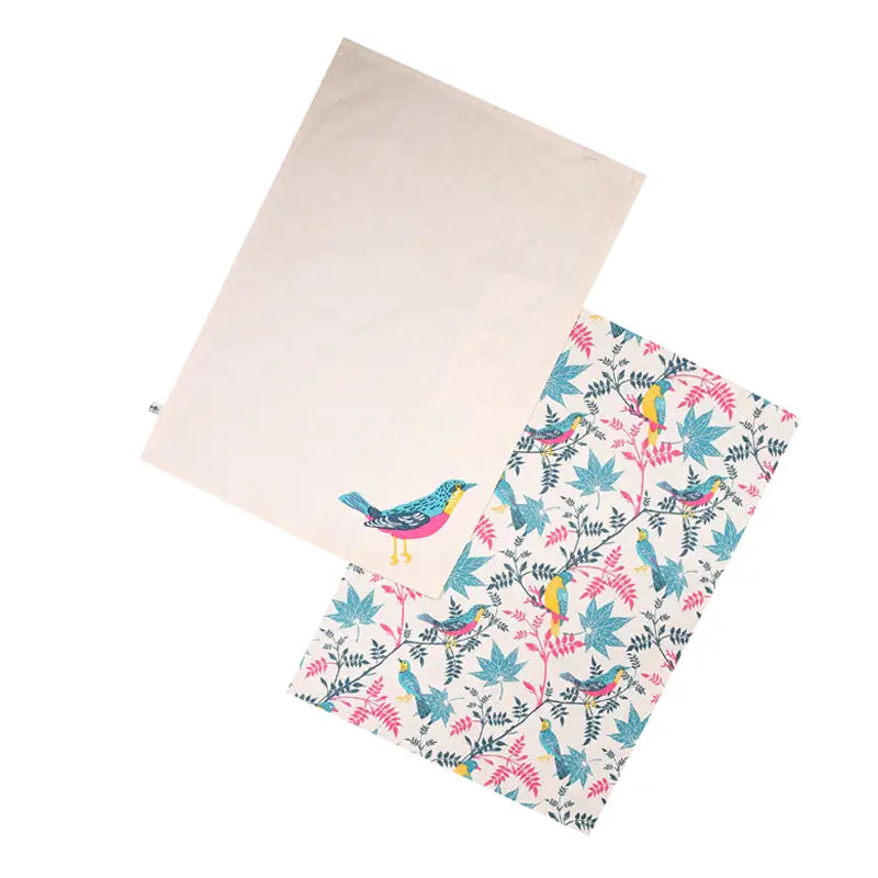 RHS Birds Set of 2 Organic Cotton Tea Towels in Stone from Dexam