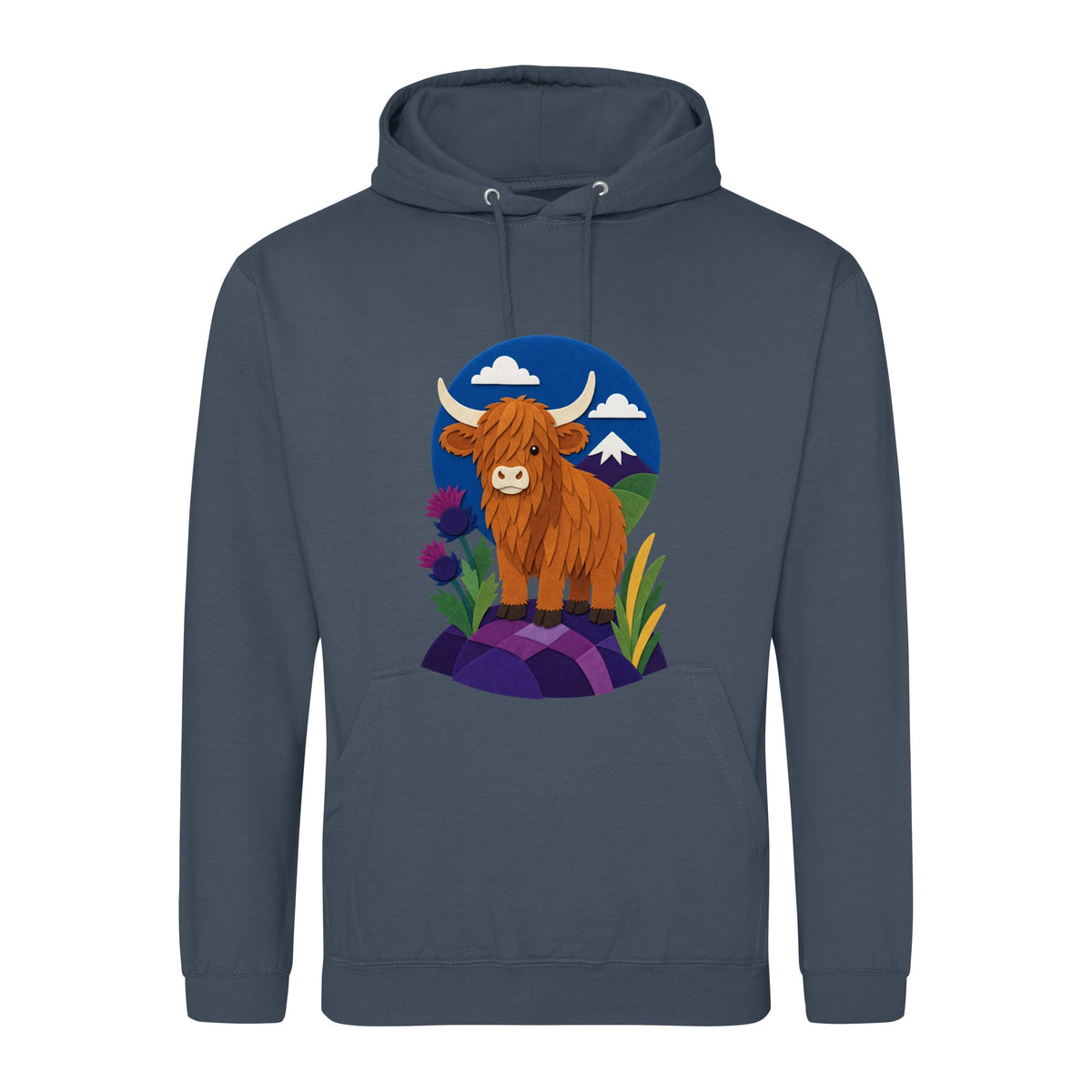 Highland Cow Among the Thistles Adult Hoodie - Felt & Fauna Airforce Blue colour variant image