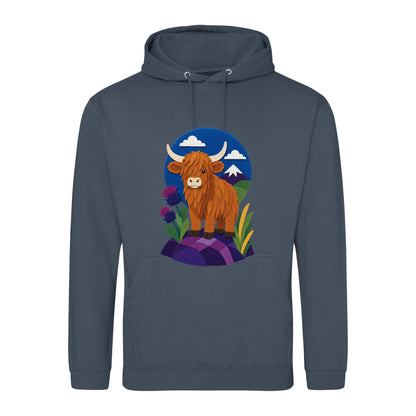 Highland Cow Among the Thistles Adult Hoodie - Felt & Fauna Airforce Blue colour variant image