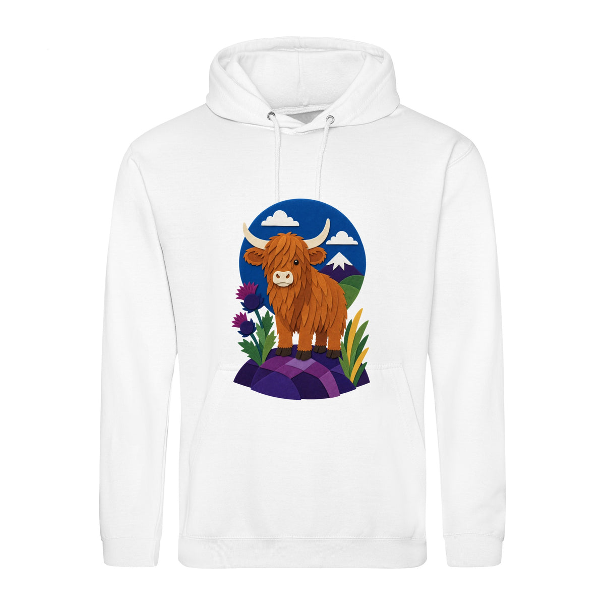 Highland Cow Among the Thistles Adult Hoodie - Felt & Fauna Arctic White colour variant image