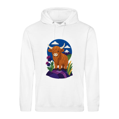 Highland Cow Among the Thistles Adult Hoodie - Felt & Fauna Arctic White colour variant image