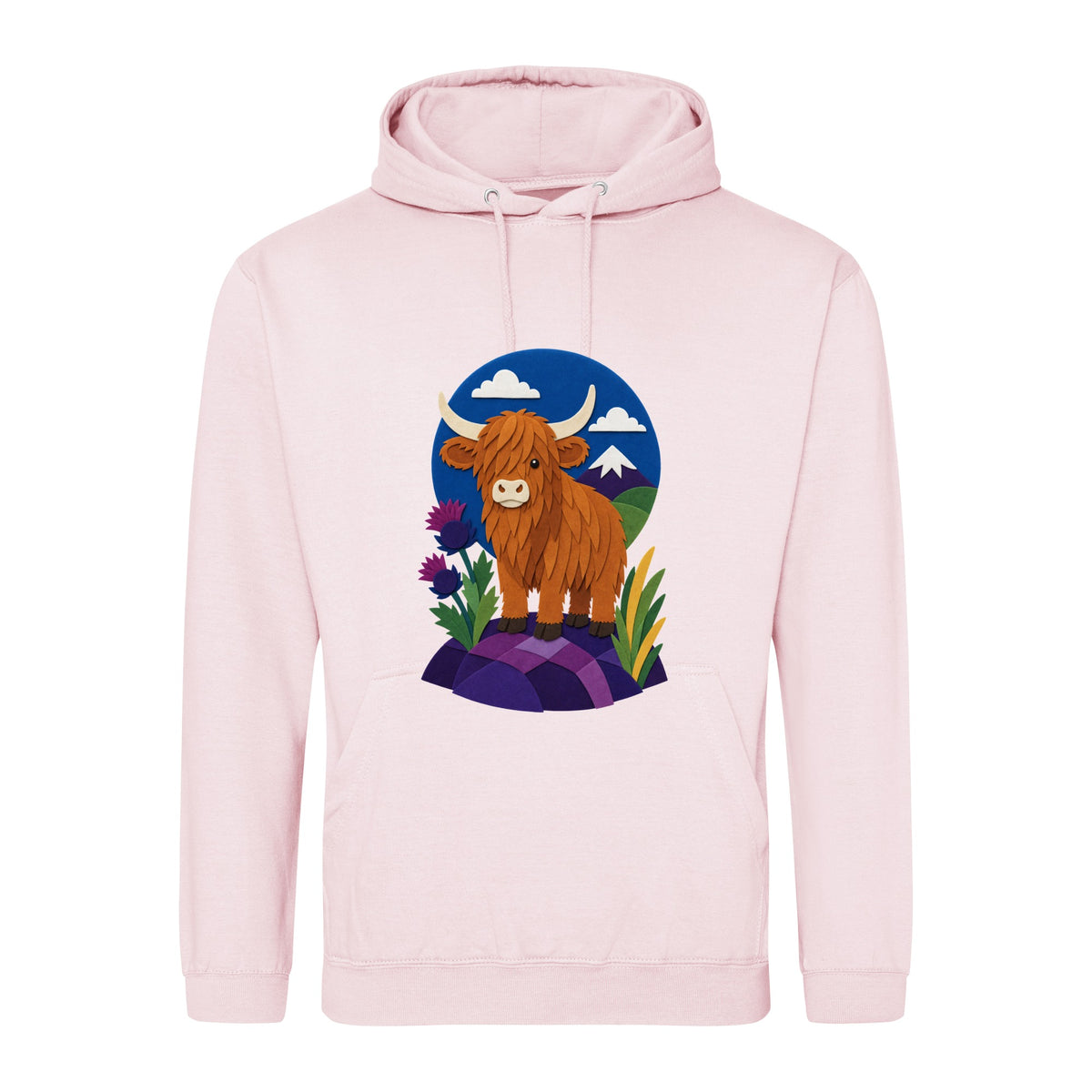 Highland Cow Among the Thistles Adult Hoodie - Felt & Fauna Baby Pink colour variant image