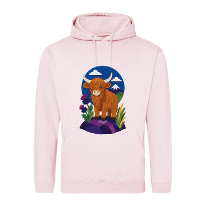 Highland Cow Among the Thistles Adult Hoodie - Felt & Fauna Baby Pink colour variant image