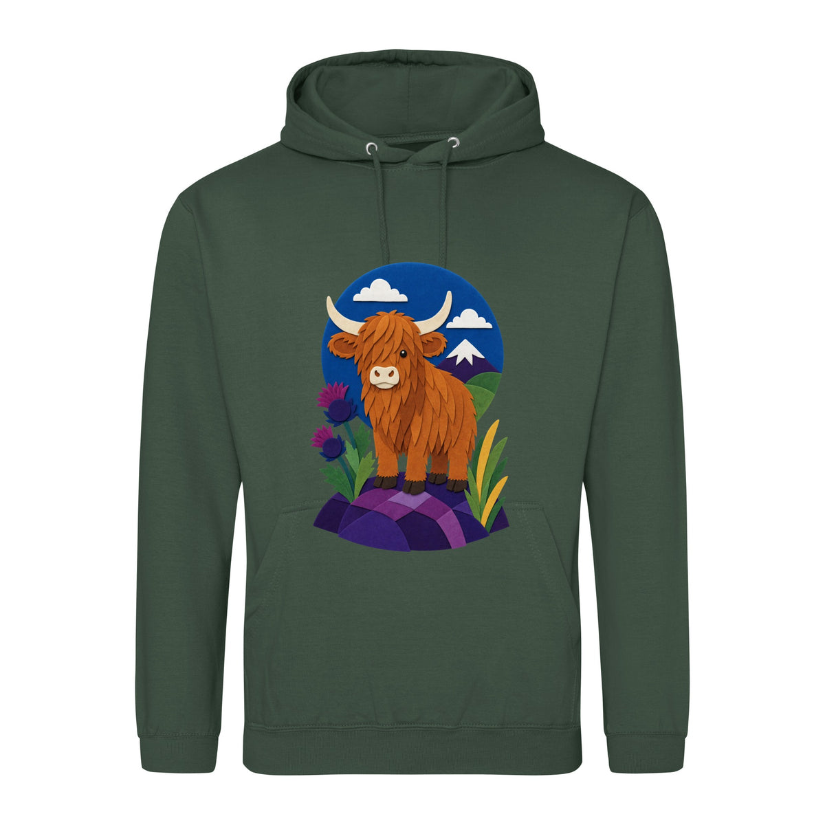 Highland Cow Among the Thistles Adult Hoodie - Felt & Fauna Bottle Green colour variant image