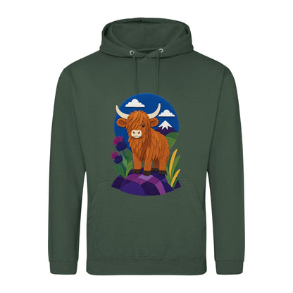 Highland Cow Among the Thistles Adult Hoodie - Felt & Fauna Bottle Green colour variant image