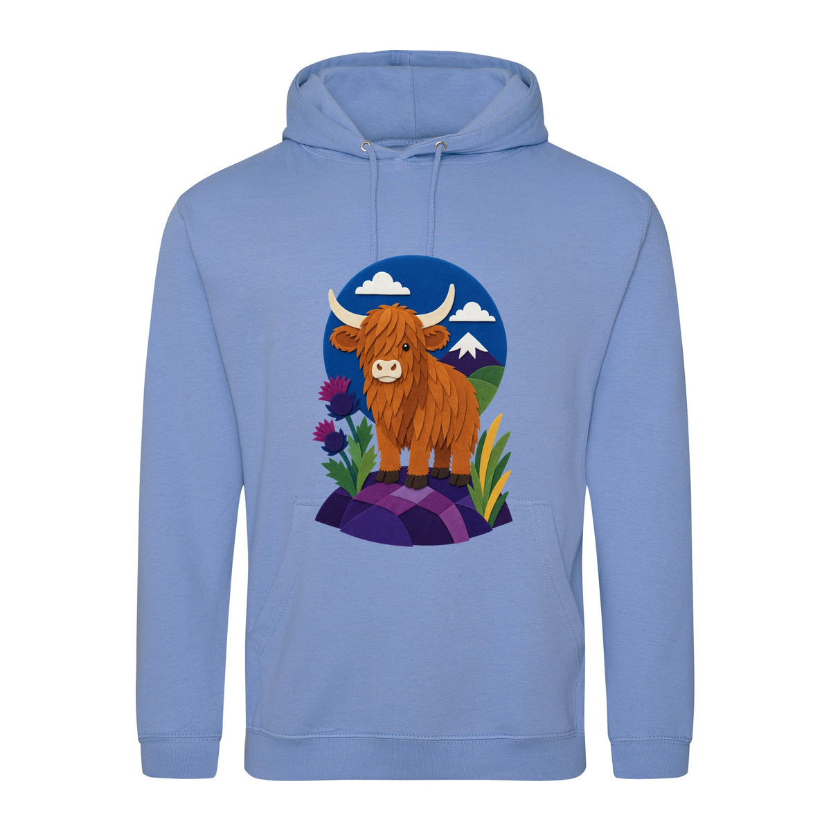 Highland Cow Among the Thistles Adult Hoodie - Felt & Fauna Cornflower Blue colour variant image