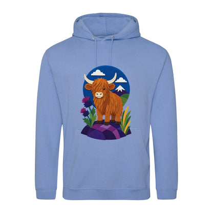 Highland Cow Among the Thistles Adult Hoodie - Felt & Fauna Cornflower Blue colour variant image