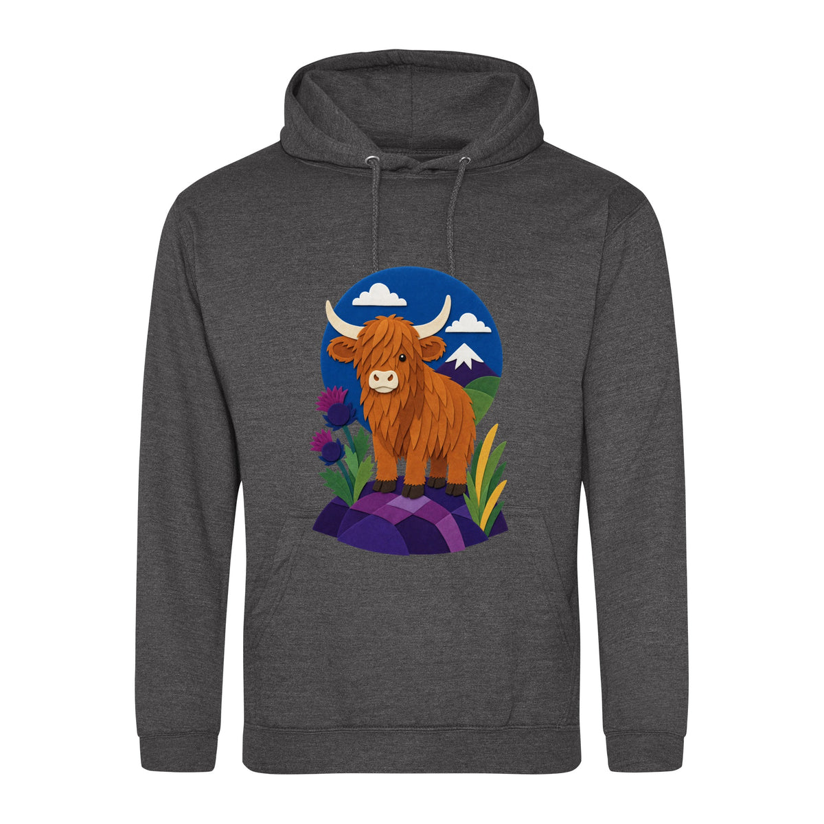 Highland Cow Among the Thistles Adult Hoodie - Felt & Fauna Charcoal colour variant image