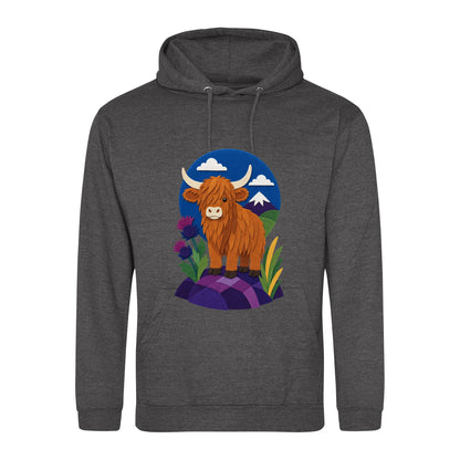 Highland Cow Among the Thistles Adult Hoodie - Felt & Fauna Charcoal colour variant image