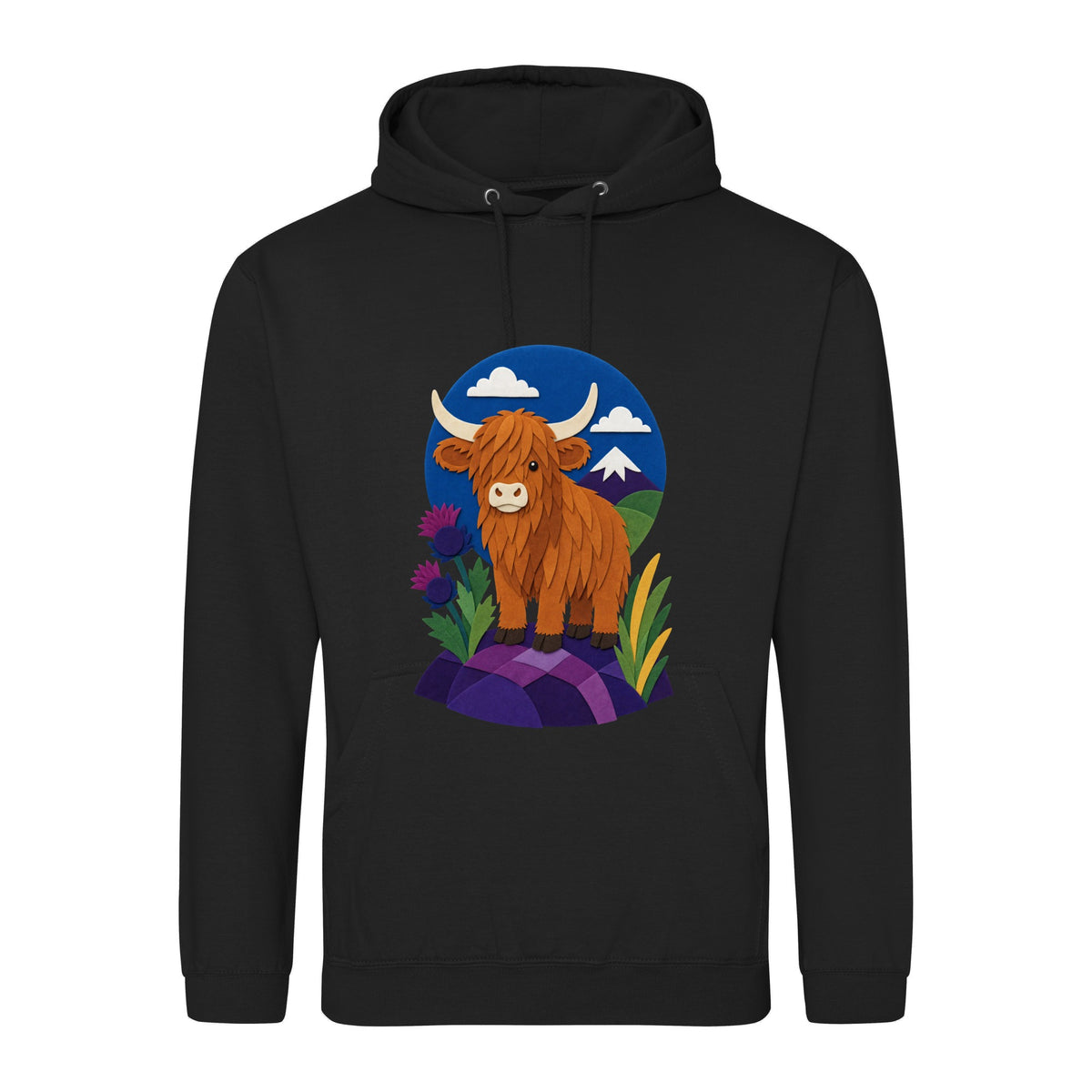 Highland Cow Among the Thistles Adult Hoodie - Felt & Fauna Deep Black colour variant image