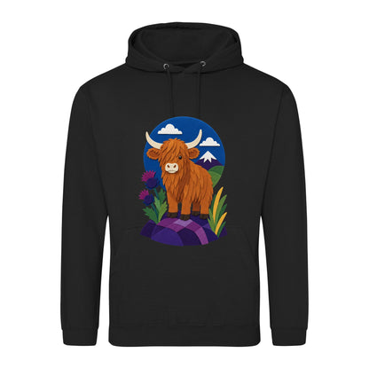 Highland Cow Among the Thistles Adult Hoodie - Felt & Fauna Deep Black colour variant image