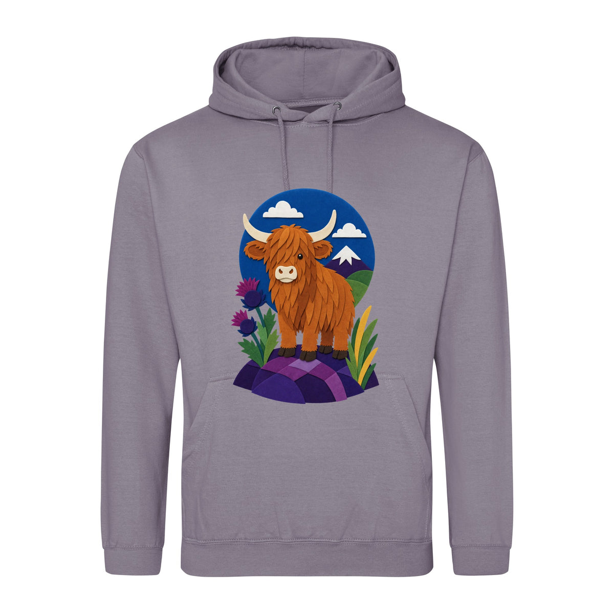 Highland Cow Among the Thistles Adult Hoodie - Felt & Fauna Dusty Lilac colour variant image