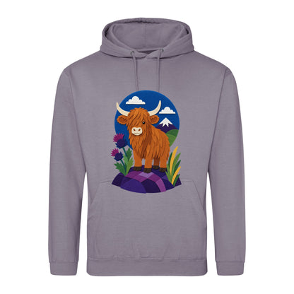 Highland Cow Among the Thistles Adult Hoodie - Felt & Fauna Dusty Lilac colour variant image