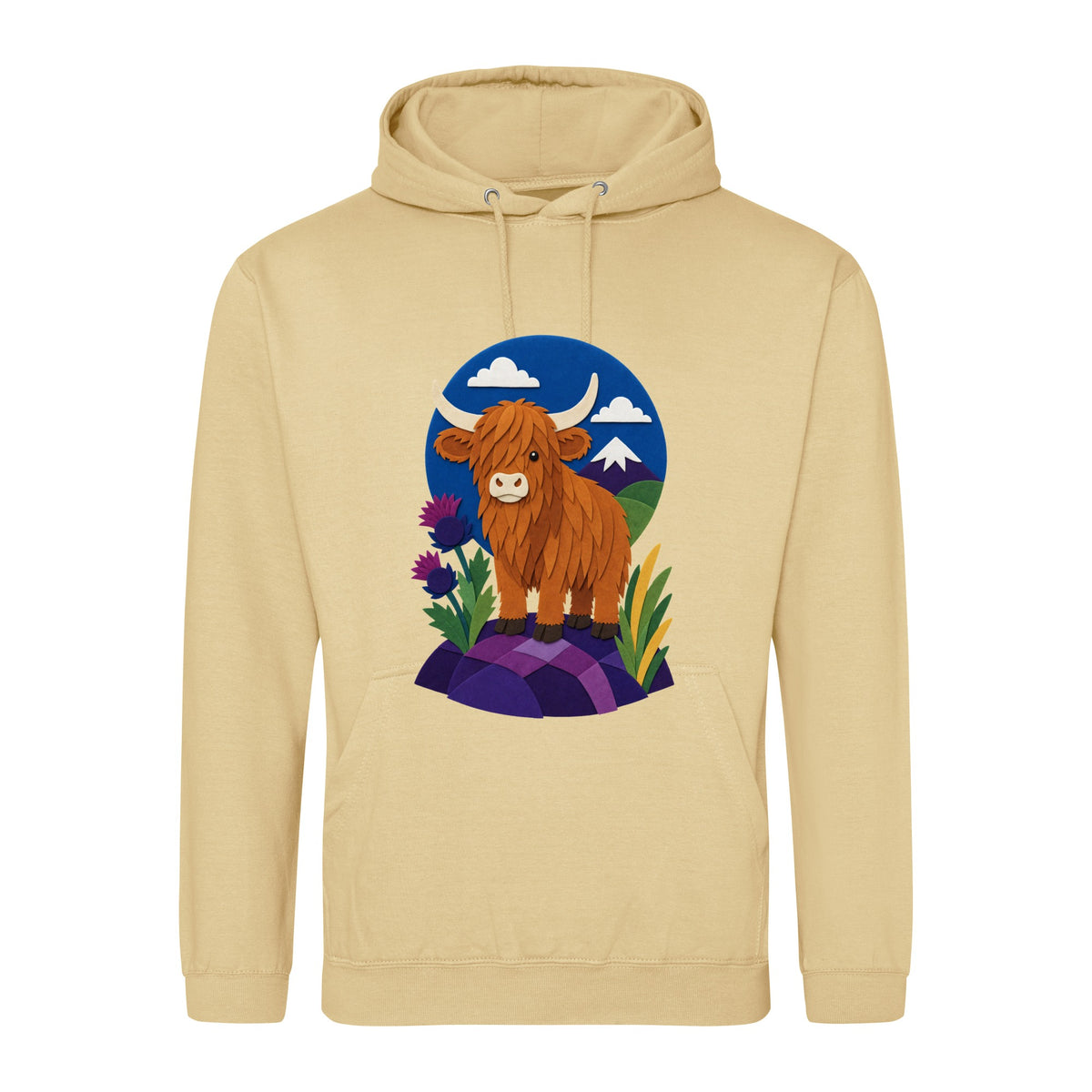 Highland Cow Among the Thistles Adult Hoodie - Felt & Fauna Desert Sand colour variant image