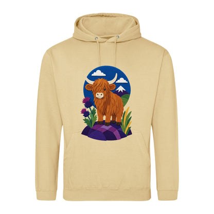 Highland Cow Among the Thistles Adult Hoodie - Felt & Fauna Desert Sand colour variant image
