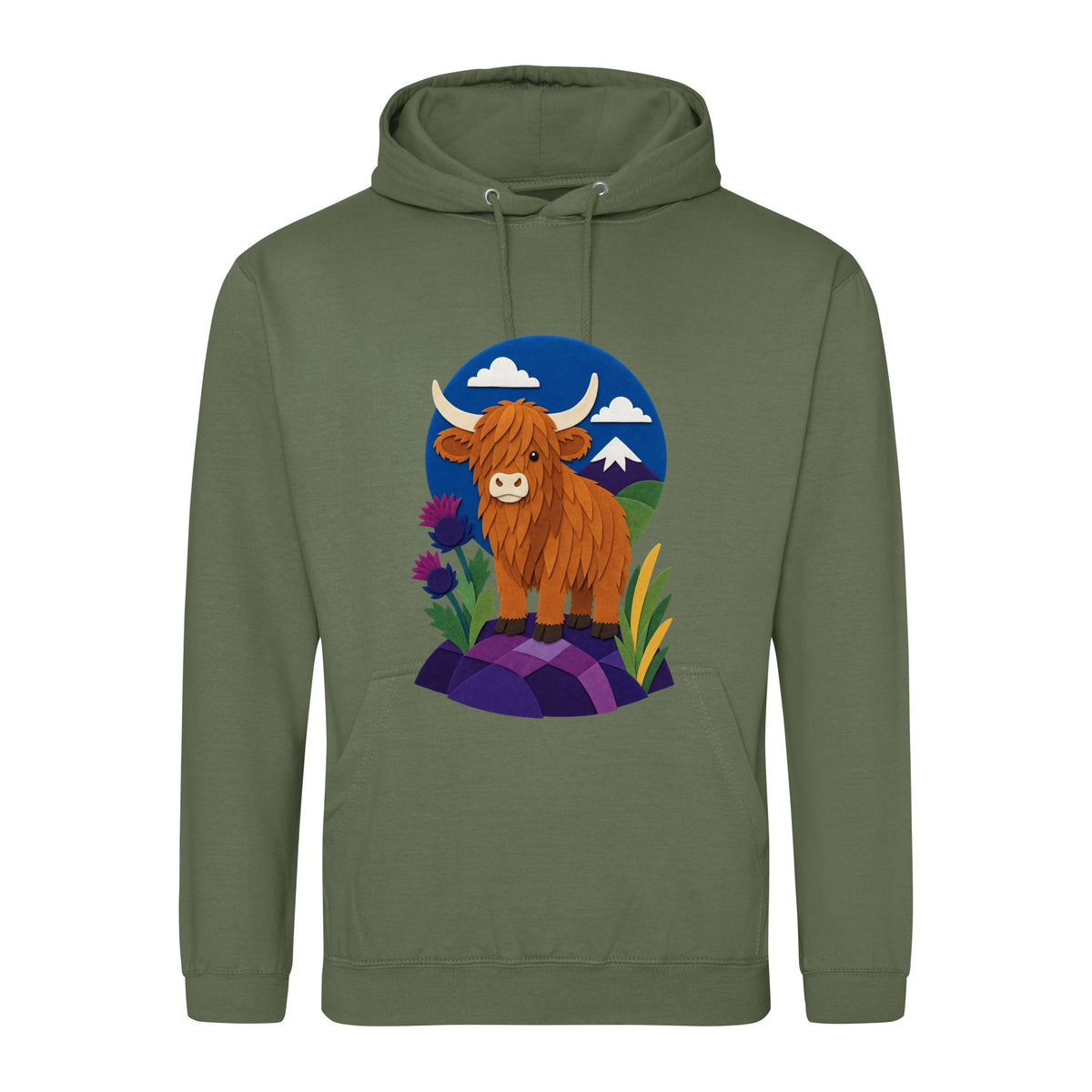 Highland Cow Among the Thistles Adult Hoodie - Felt & Fauna Earthy Green colour variant image