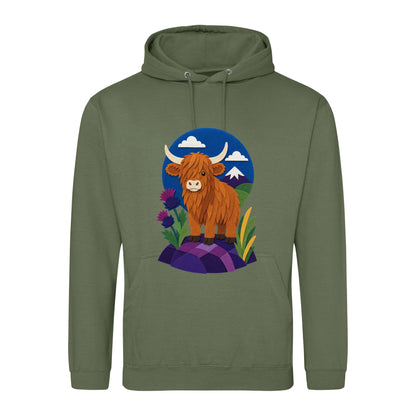 Highland Cow Among the Thistles Adult Hoodie - Felt & Fauna Earthy Green colour variant image