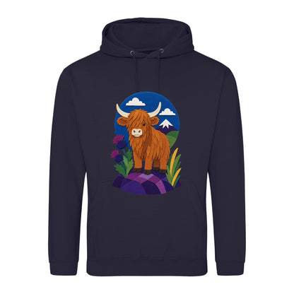 Highland Cow Among the Thistles Adult Hoodie - Felt & Fauna French Navy colour variant image