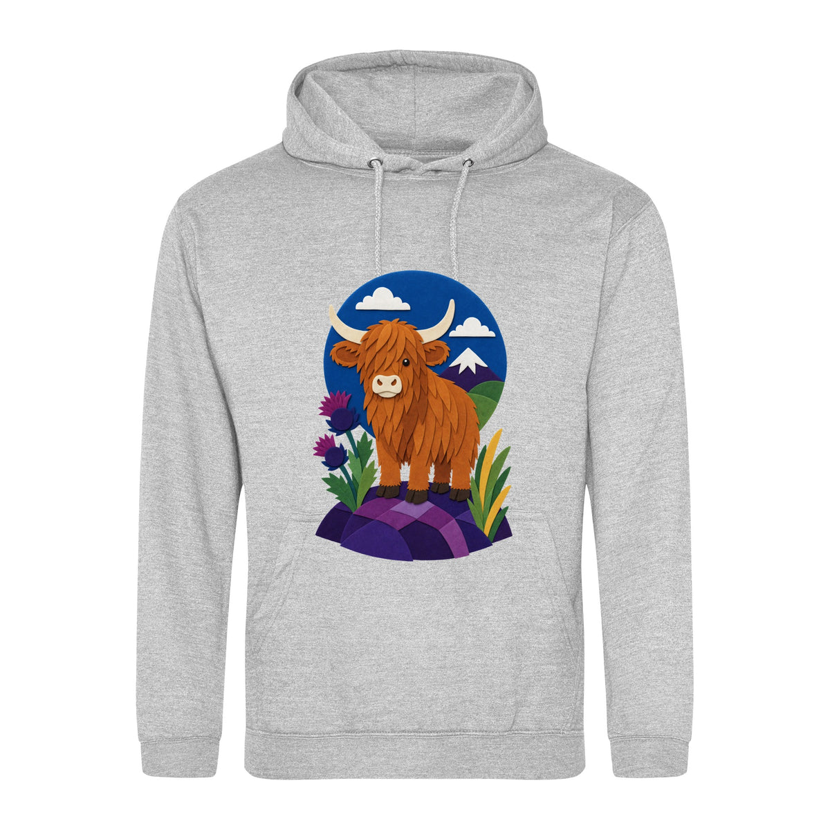 Highland Cow Among the Thistles Adult Hoodie - Felt & Fauna Heather Grey colour variant image