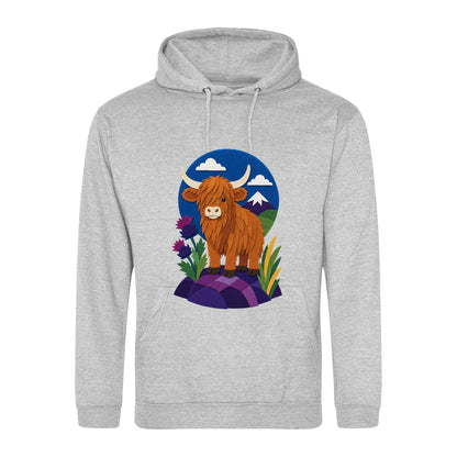 Highland Cow Among the Thistles Adult Hoodie - Felt & Fauna Heather Grey colour variant image