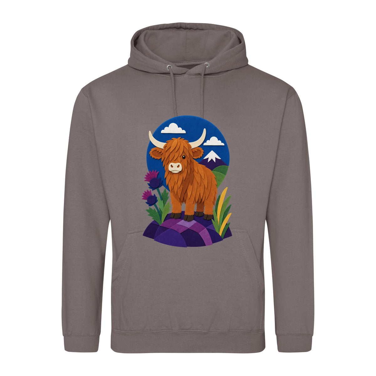 Highland Cow Among the Thistles Adult Hoodie - Felt & Fauna Mocha Brown colour variant image