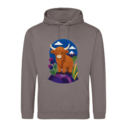 Highland Cow Among the Thistles Adult Hoodie - Felt & Fauna Mocha Brown colour variant image