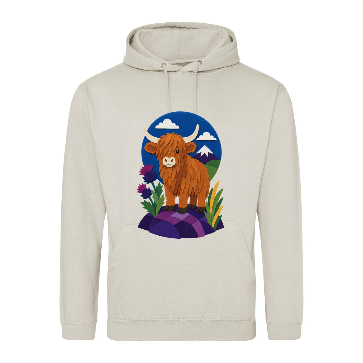Highland Cow Among the Thistles Adult Hoodie - Felt & Fauna Natural Stone colour variant image