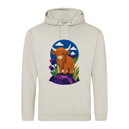 Highland Cow Among the Thistles Adult Hoodie - Felt & Fauna Natural Stone colour variant image