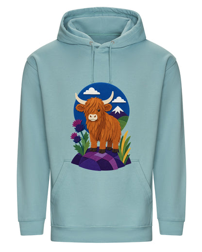 Highland Cow Among the Thistles Adult Hoodie - Felt & Fauna Seafoam colour variant image