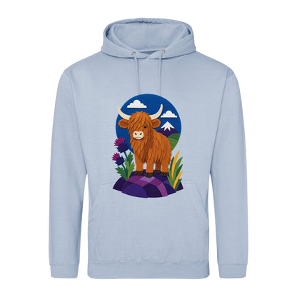 Highland Cow Among the Thistles Adult Hoodie - Felt & Fauna Sky Blue colour variant image