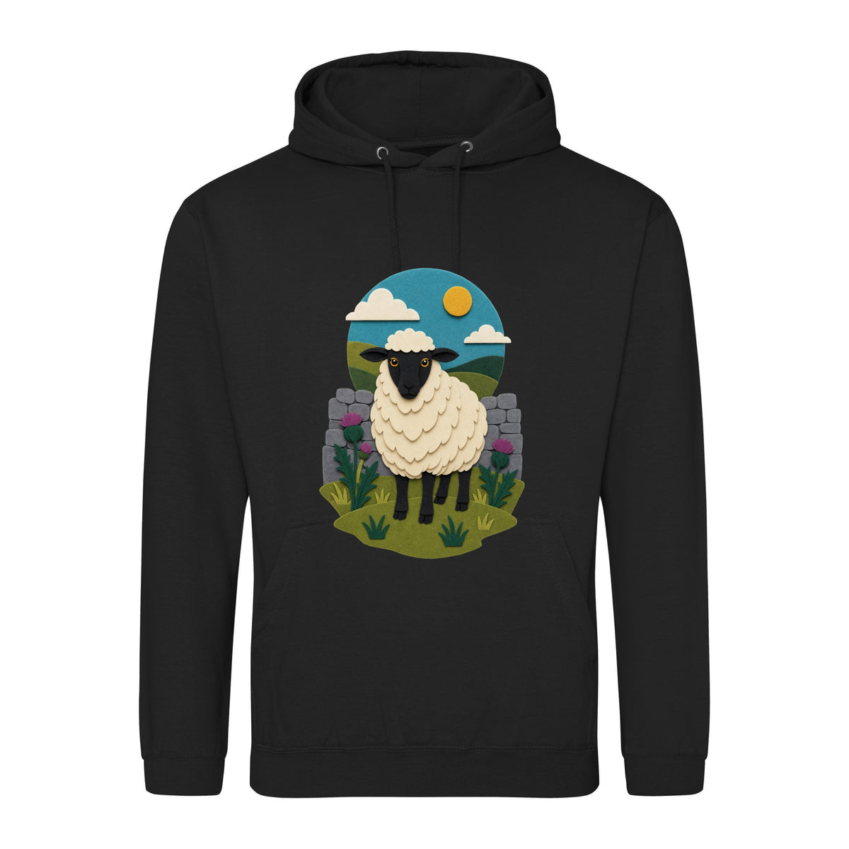 Sheep by the Stone Wall Adult Hoodie - Felt & Fauna Deep Black colour variant image