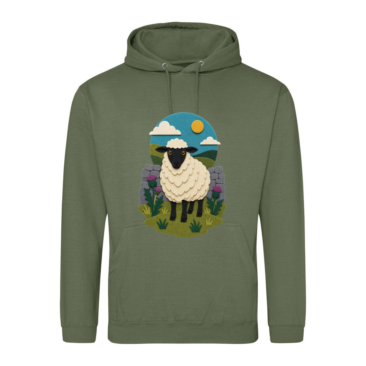 Sheep by the Stone Wall Adult Hoodie - Felt & Fauna Earthy Green colour variant image