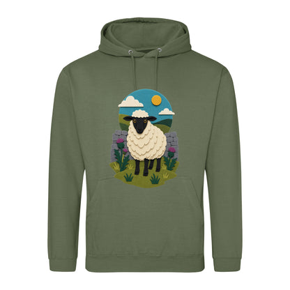 Sheep by the Stone Wall Adult Hoodie - Felt & Fauna Earthy Green colour variant image