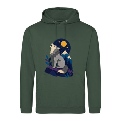 Wolf Beneath the Moon Adult Hoodie - Felt & Fauna Bottle Green colour variant image