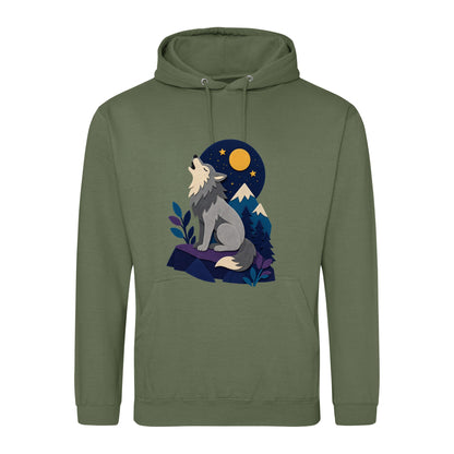 Wolf Beneath the Moon Adult Hoodie - Felt & Fauna Earthy Green colour variant image