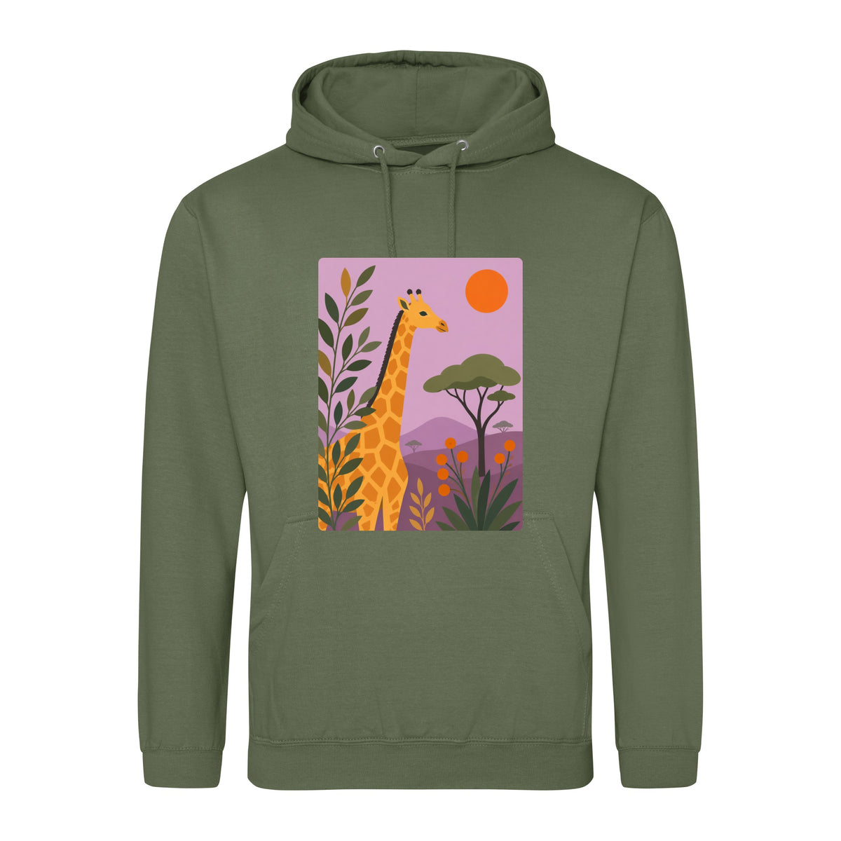 Giraffe Among the Acacias Adult Hoodie - Wild Horizons Earthy Green colour variant image