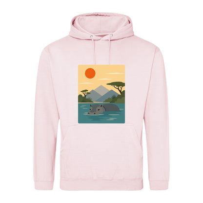Hippo in Still Waters Adult Hoodie - Wild Horizons Baby Pink colour variant image