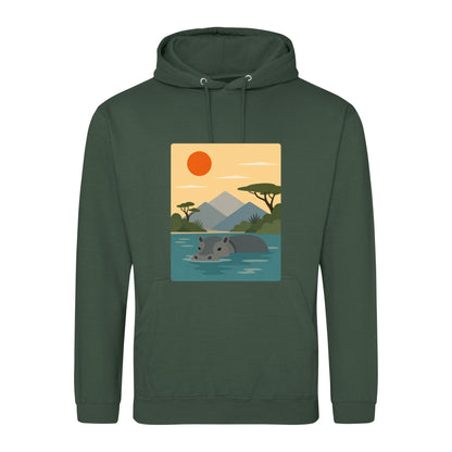 Hippo in Still Waters Adult Hoodie - Wild Horizons Bottle Green colour variant image
