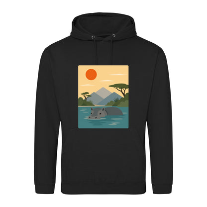 Hippo in Still Waters Adult Hoodie - Wild Horizons Deep Black colour variant image