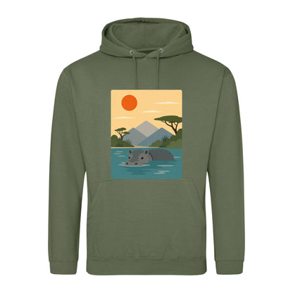 Hippo in Still Waters Adult Hoodie - Wild Horizons Earthy Green colour variant image