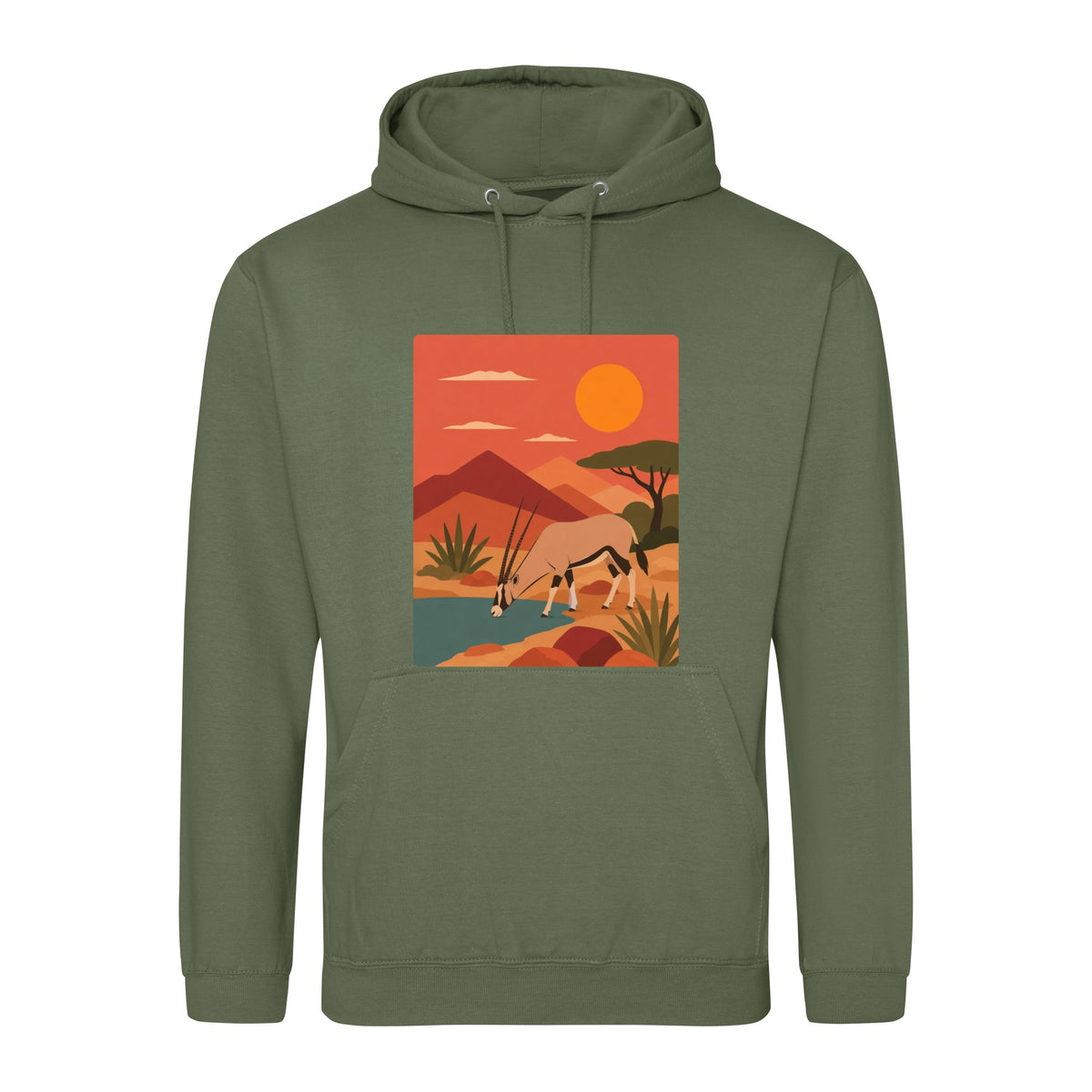 Oryx at the Waterhole Adult Hoodie - Wild Horizons Earthy Green colour variant image