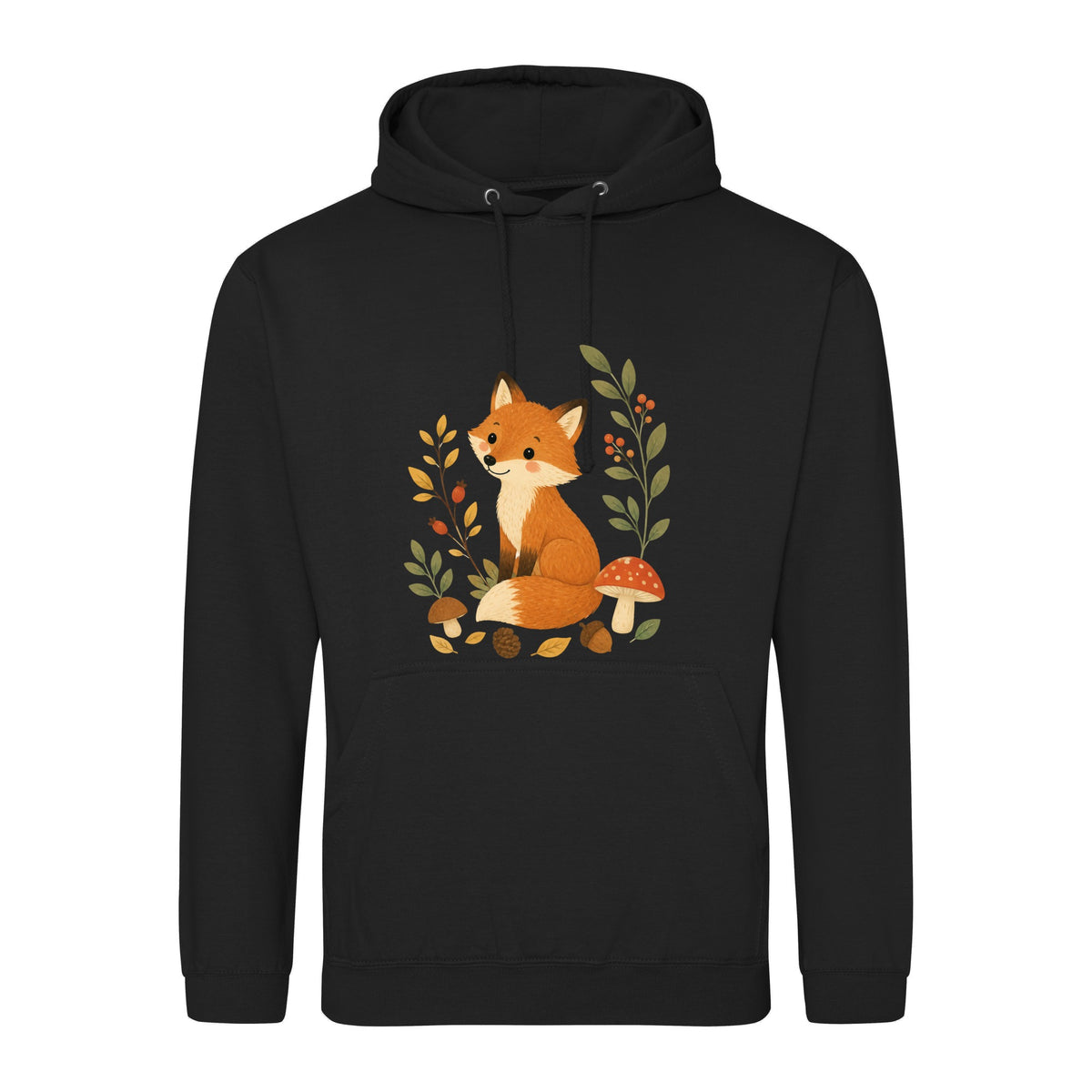 Fox Among the Toadstools Adult Hoodie - Once Upon a Woodland Deep Black colour variant image